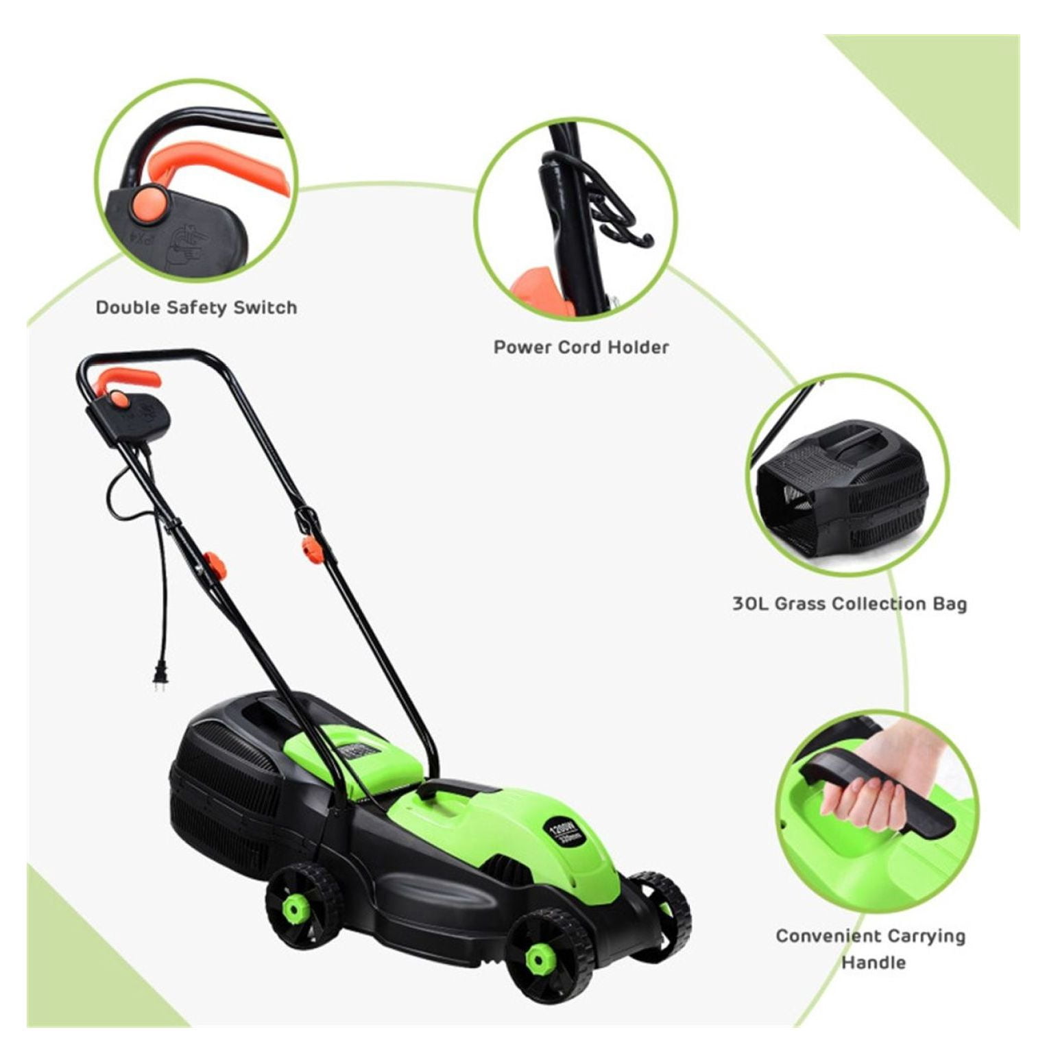 13-Inch Electric Lawn Mower, 8 Gal Grass Collection, 3 Height Settings, Lightweight 15.5LBS Push Mower for Garden, Green