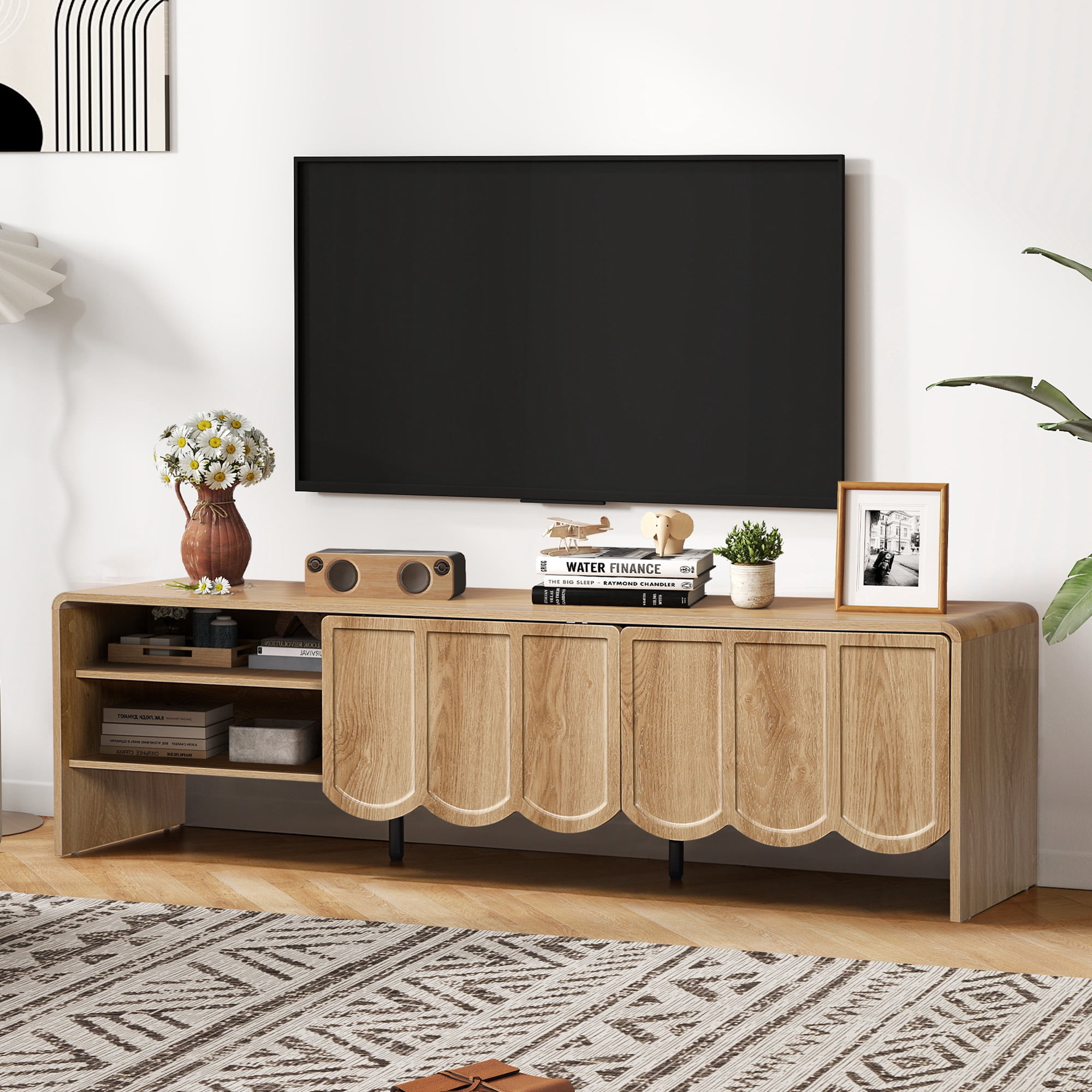 YOCWO TV Stands for 65 inch tv, TV Stand with Sliding Wave Doors, Wood Entertainment Center for TVs, Media Console Cabinet with Open Storage for Living Room, Natural