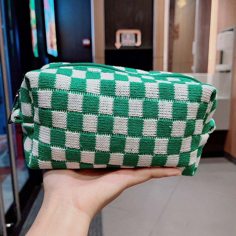 Knit Checkered Makeup / Travel Pouch - Full Zip Closure - Lined