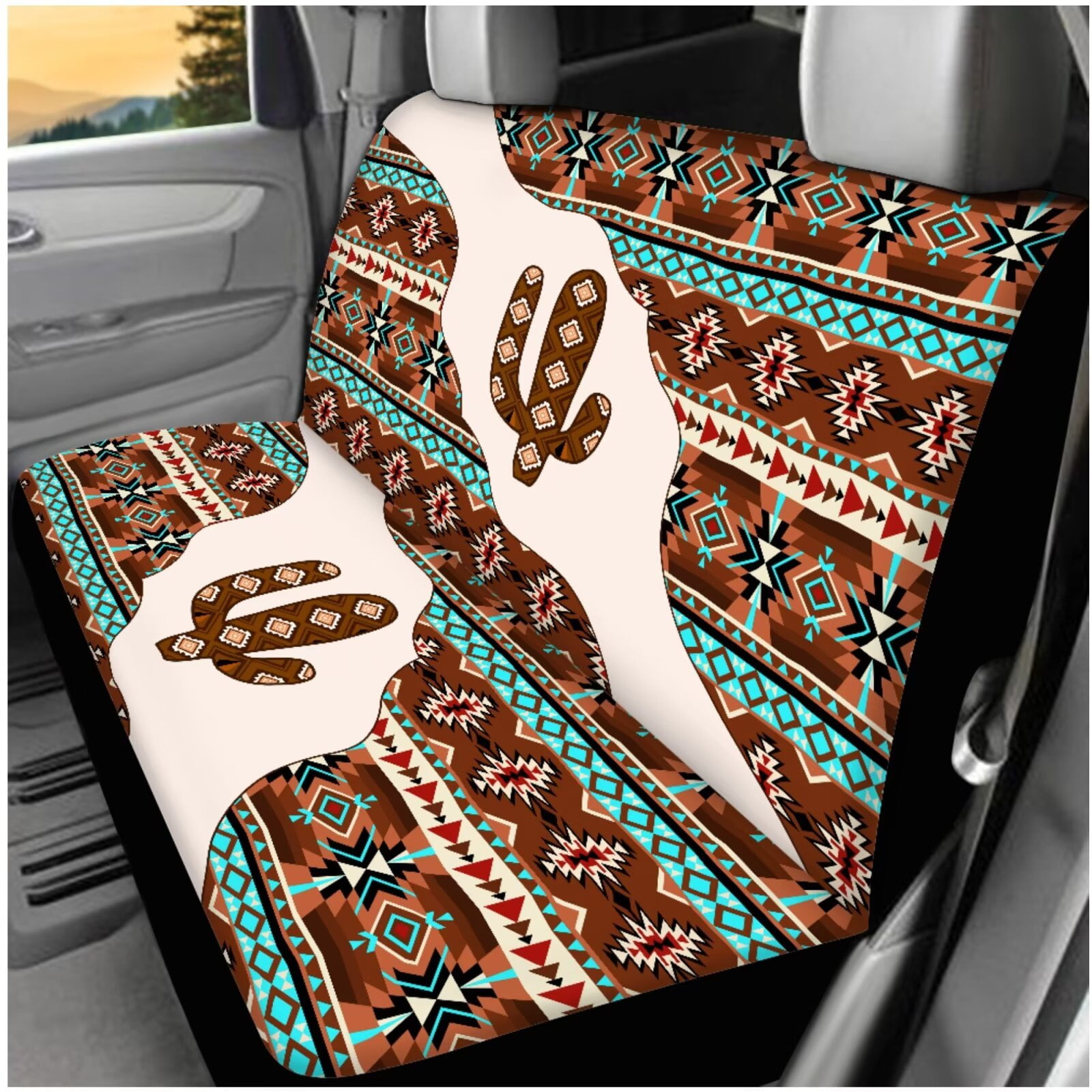 HUIACONG Aztec Cactus Print Car Seat Covers Full Set Western Car Accessories Seat Covers Front and Back with Armrest Cover Steering Wheel Cover Seat Belt Pads Headrest Cover Coasters Keychain,14 Pcs