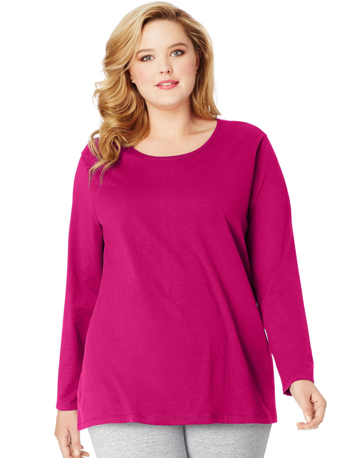 Just My Size Women`s Long-Sleeve Scoop-Neck Tee, 1X, Sizzling Pink ...