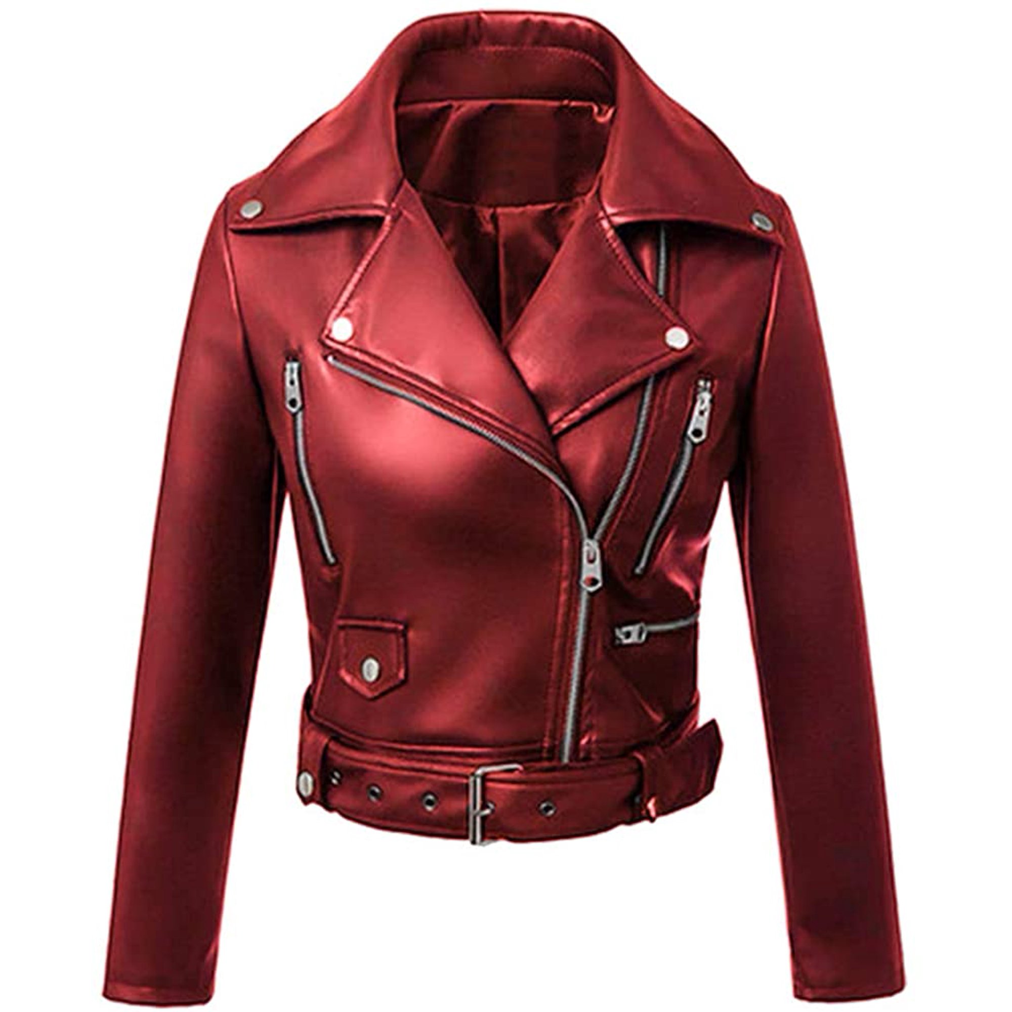 Women's Faux Leather Crop Moto Jacket Zip up Slim PU Belt Biker