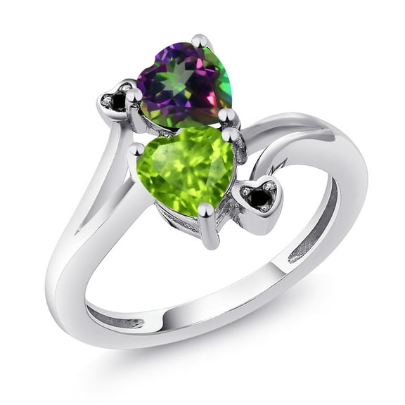 Gem Stone King 925 Sterling Silver Green Mystic Topaz Green Peridot and Black Diamond Ring for Women (1.81 Cttw, Heart Shape 6MM, Gemstone Birthstone, Size 5)