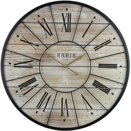 Sorbus Paris Oversized Wall Clock, Centurion Roman Numeral Hands, Parisian French Country Rustic Large Decorative Modern Farmhouse Decor Ideal for Living Room, Analog Wood Metal Clock, 24” Round