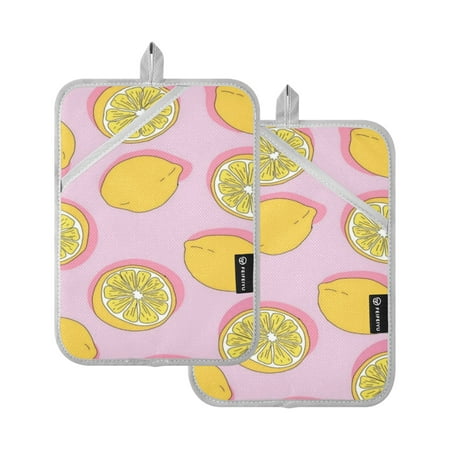 

Pot Holders Set of 2 Heat Resistant Potholders for Kitchen Easy Grip Oven Mitts for Microwave Oven Baking Kitchen BBQ Lemons with Pink