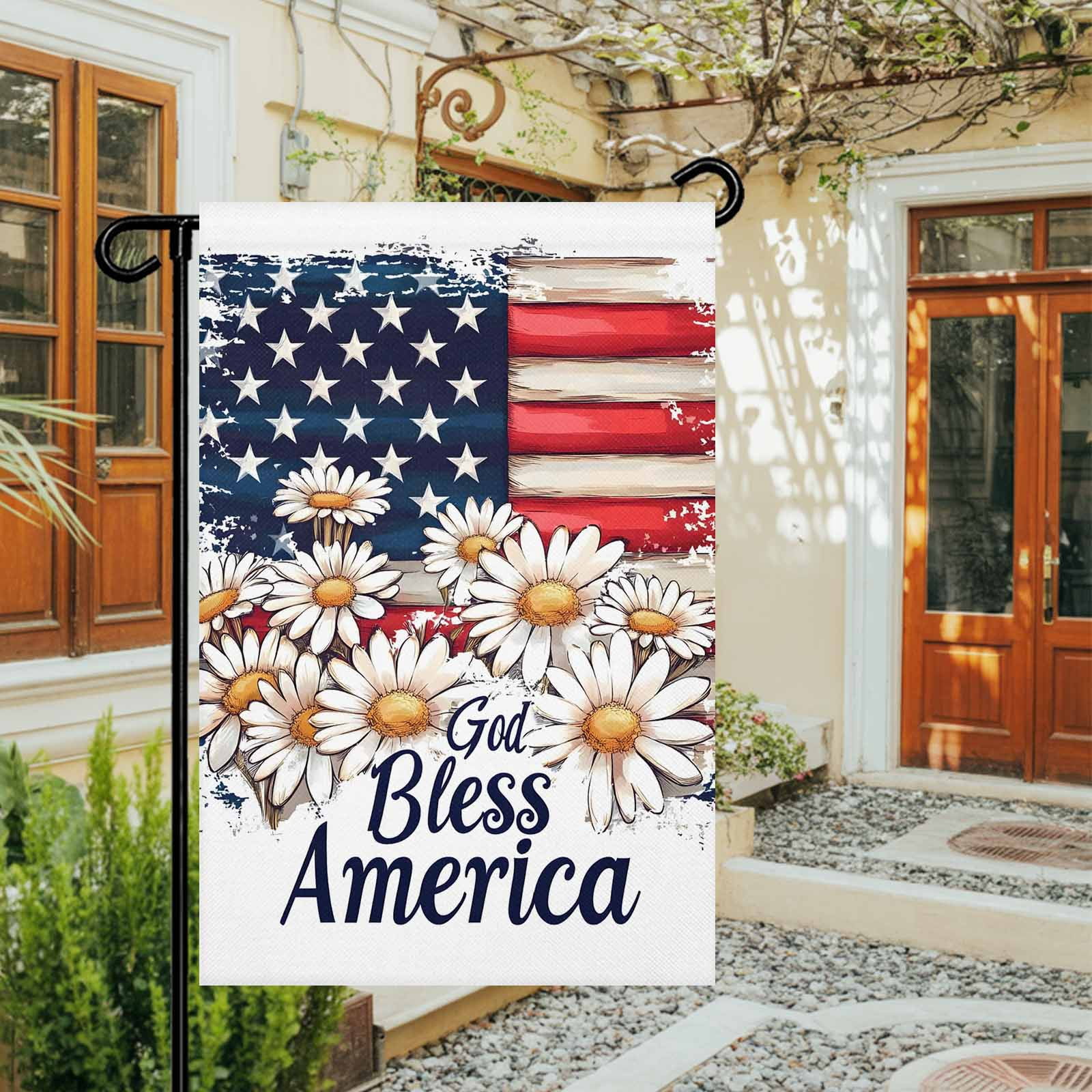 4th of July Garden Flags Retro Patriotic USA Flag Garden Flag Double Sided Welcome Flag Daisy Floral Independence Day Yard Flags for Outdoor Lawn Porch Memorial Day Seasonal Holiday Decor 28x40 Inch