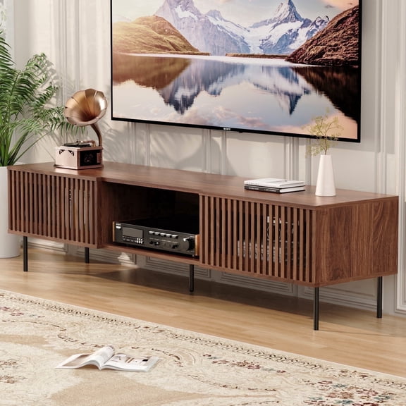Hommpa TV Stand for 55 65 75 80 inch TV with 2 Slatted Doors, Mid Century Modern TV Console for Living Room Bedroom, Storage Cabinets Open Shelf Entertainment Center for Gaming Media Console, Walnut