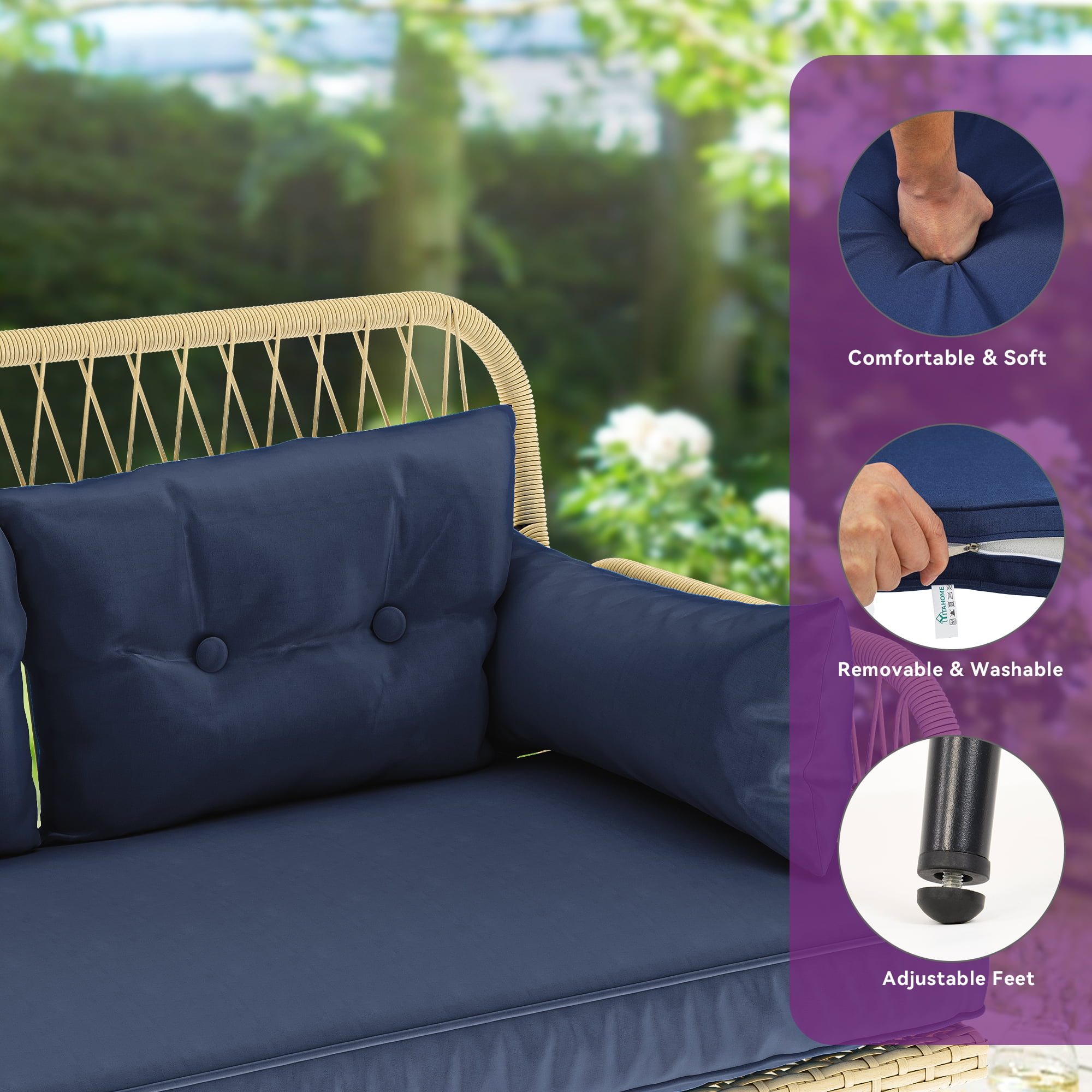 Dextrus 2-Piece All-Weather Outdoor Wicker Loveseat,&nbsp; Rattan Conversation Patio Furniture Set, Perfect for Backyard, Balcony, and Deck - Light Brown + Navy Blue