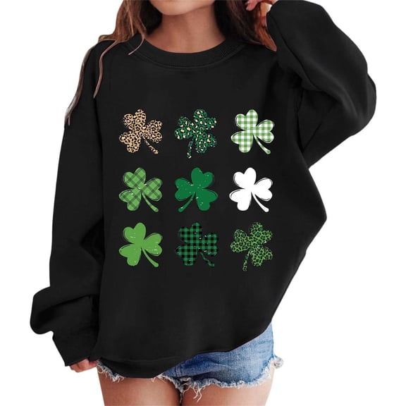Girls Sweatshirts St. Patrick'S Day Kids Crew Neck Long Sleeve Graphic Pullover Shamrock Print Casual Cute Top Black 3 Years-4 Years