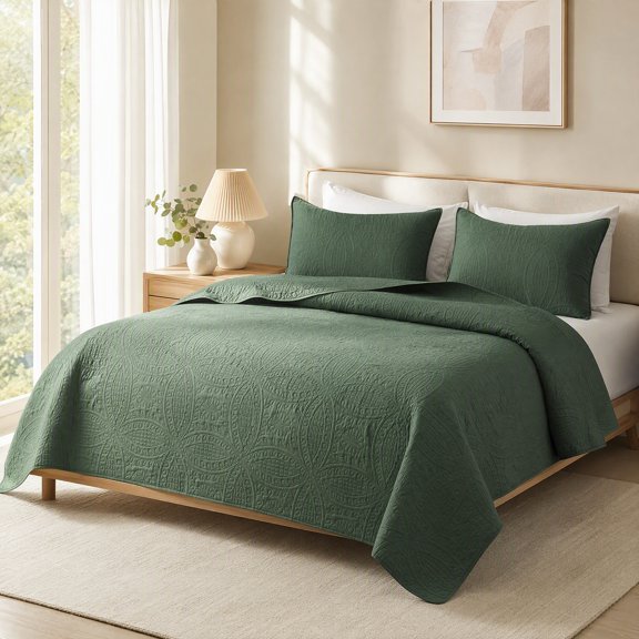 Queen Size Olive Green 3 Piece Quilt Set, Coin Pattern Ultrasonic Lightweight Bedspread Coverlet, Soft All Season Bedding with 1 Quilt and 2 Pillow Shams