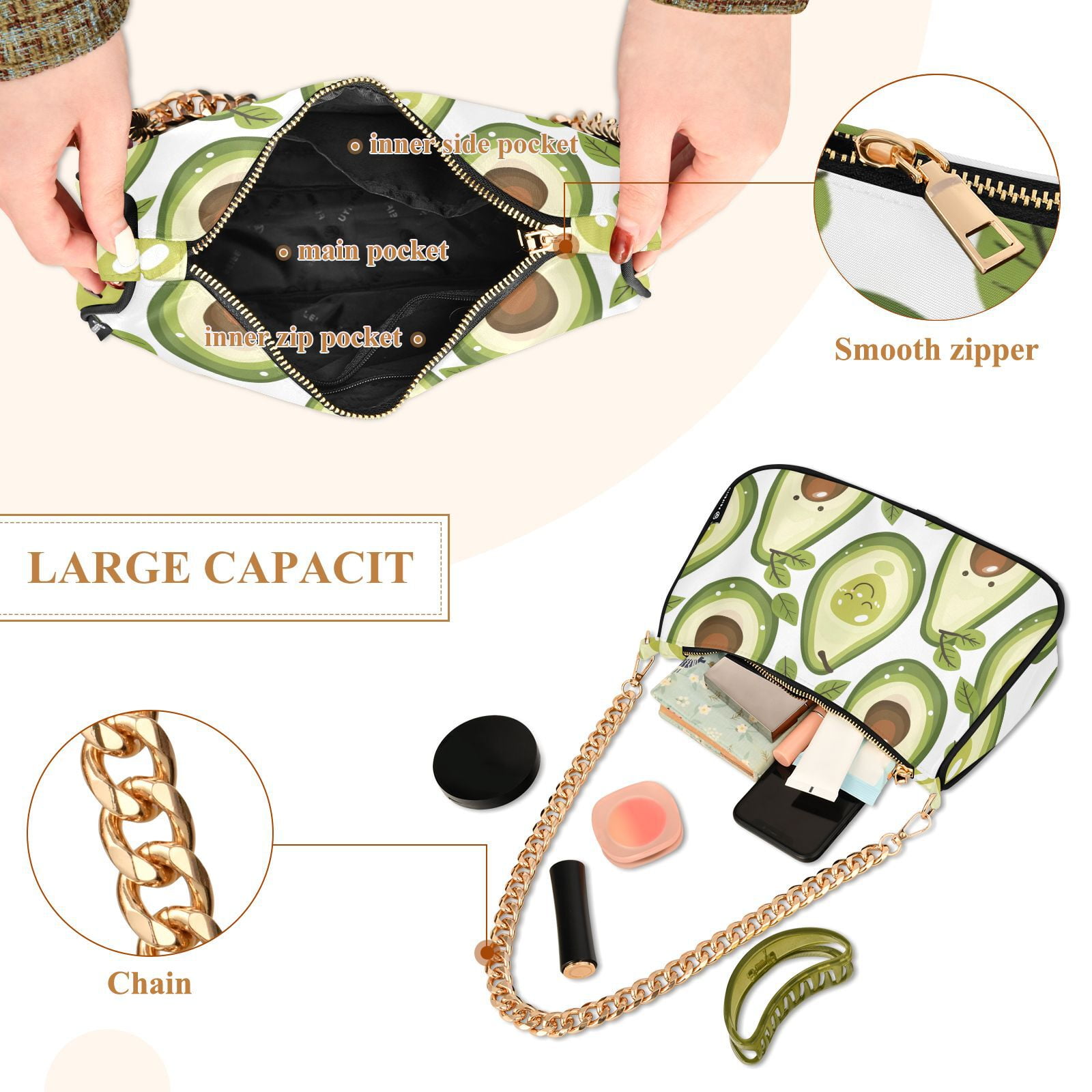Cartoon Avocado FruitWomen Small Shoulder Bag Crossbody Tote Hobo Bags Purse Clutch Handbags with Chain Strap for Women