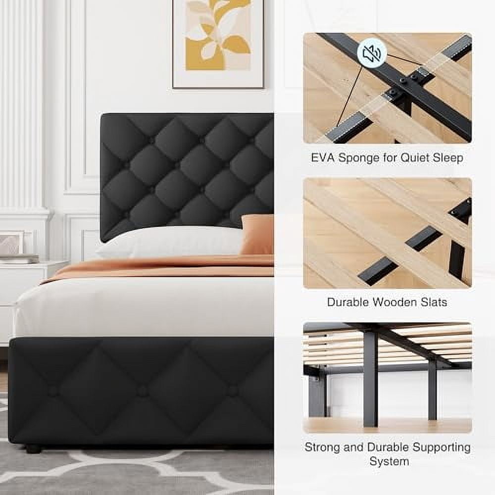 2025 New Queen Size Bed Frame with 4 Storage Drawers, Faux Leather Upholstered Platform Bed Frame with Adjustable Headboard, Diamond Stitched Button Tufted, No Box Spring Needed
