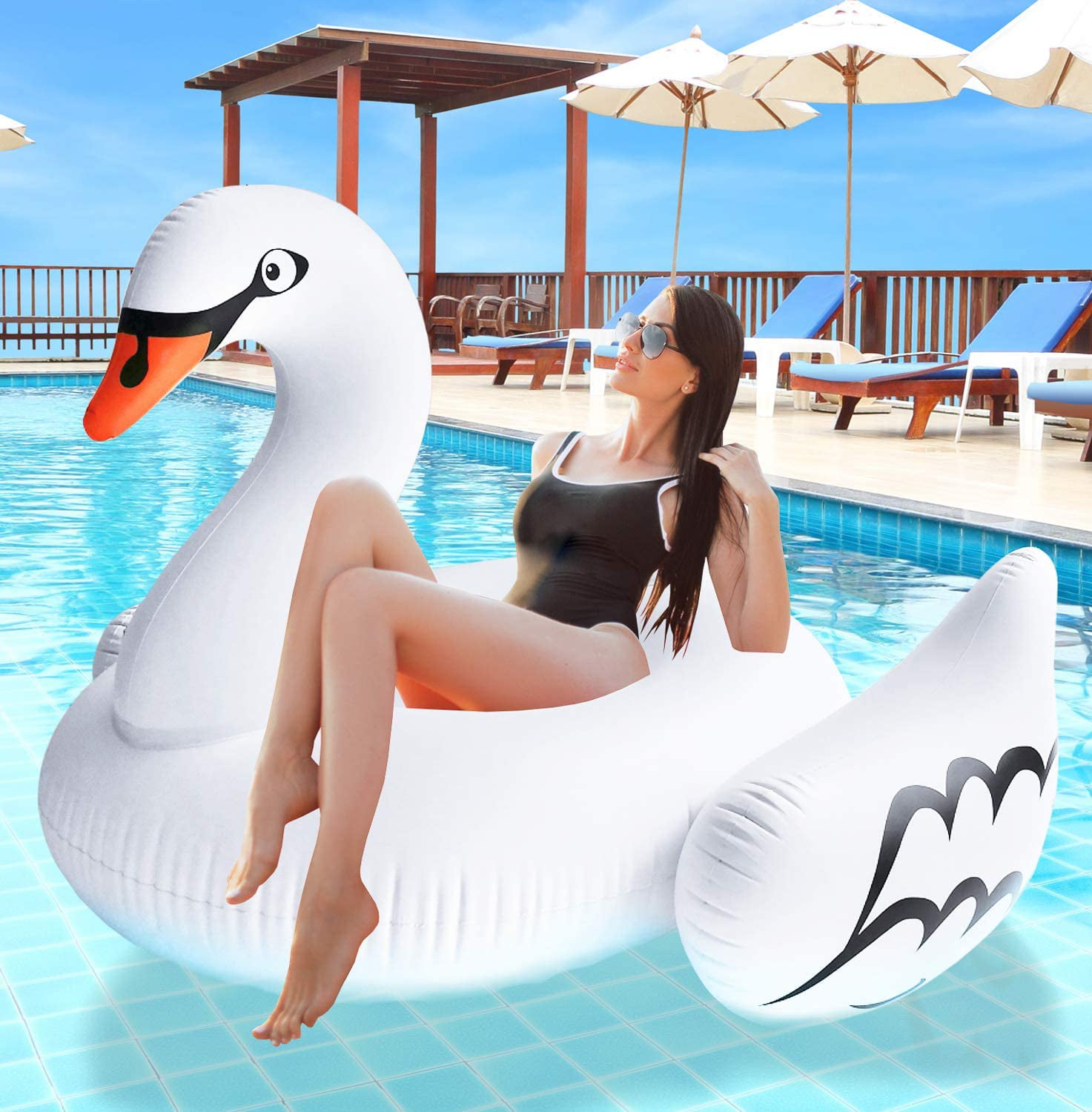 Greenco Giant Inflatable Swan Pool Float Lounger, 74.5