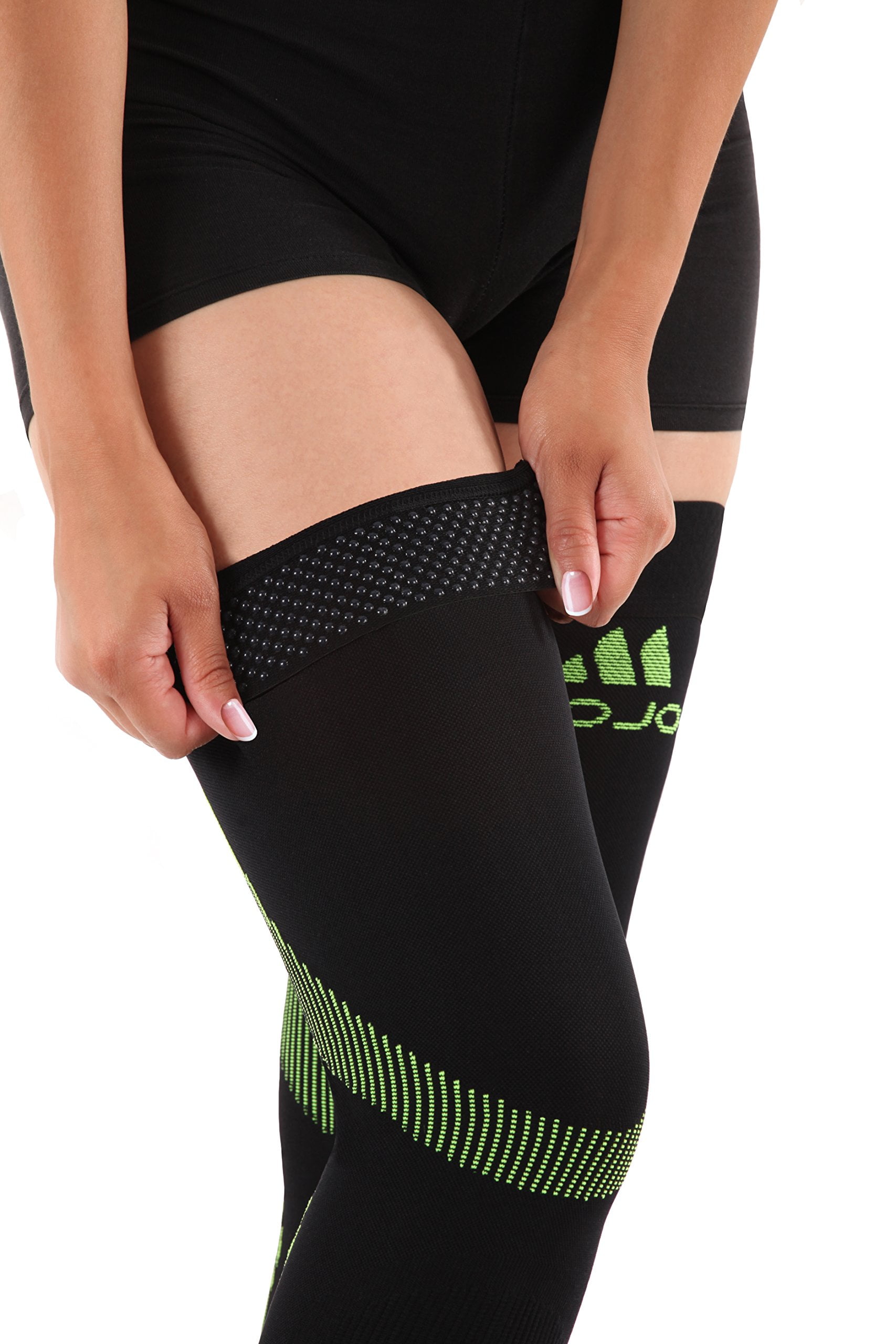 Opaque Unisex Footless Compression Thigh High 20-30mmHg - Black/Green, Large