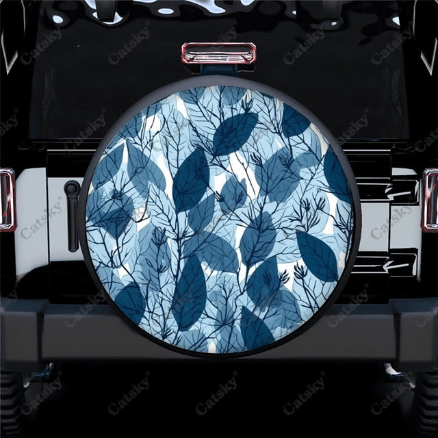 Abstract Modern Blue Leaves Pattern Polyester Universal Spare Wheel Tire Cover Wheel Covers for Trailer RV SUV Truck Camper