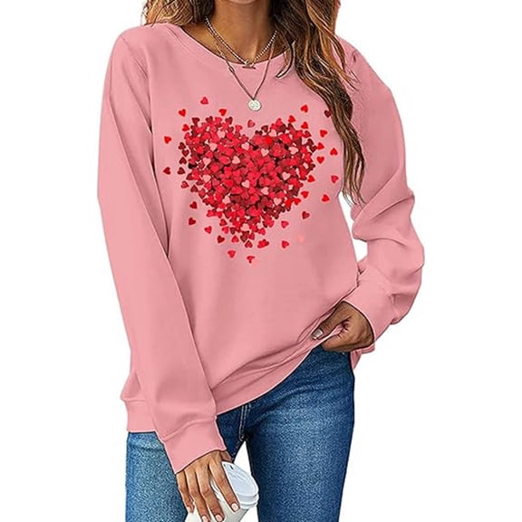 Valentines Day Sweatshirts for Women 2026 Funny Love Heart Graphic Crewneck Pullover Cute Holiday Long Sleeve Tops Pink L