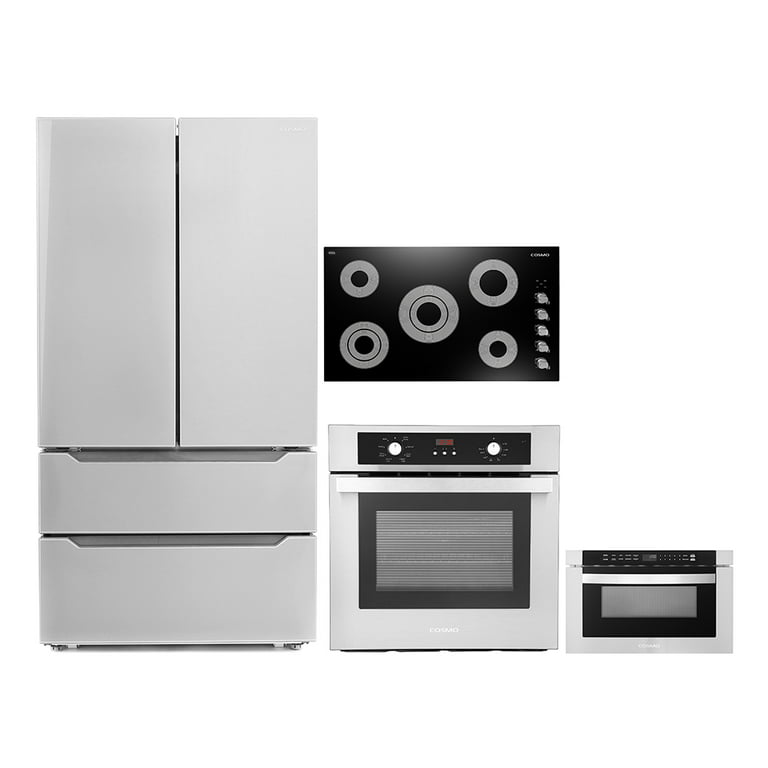 Cosmo 4 Piece Kitchen Appliance Package 36 Electric Cooktop 24 Single  Electric Wall Oven 24 Built-In Microwave Drawer & French Door Refrigerator