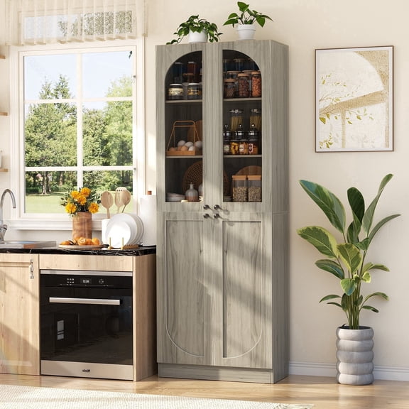 Homieasy 80'' Tall Pantry Storage Cabinet with Glass Doors, 6-Tier Floor Standing Cupboard with Adjustable Shelves for Kitchen, Dining Room, Wash Gray