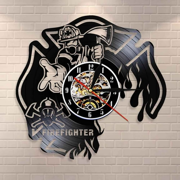 Amblelife Firefighter Clock Fire Dept Wall Decor Wall Clock Firemen Helmet Fire Rescue Vinyl Record Wall Clock Burned Maltese Cross Clock