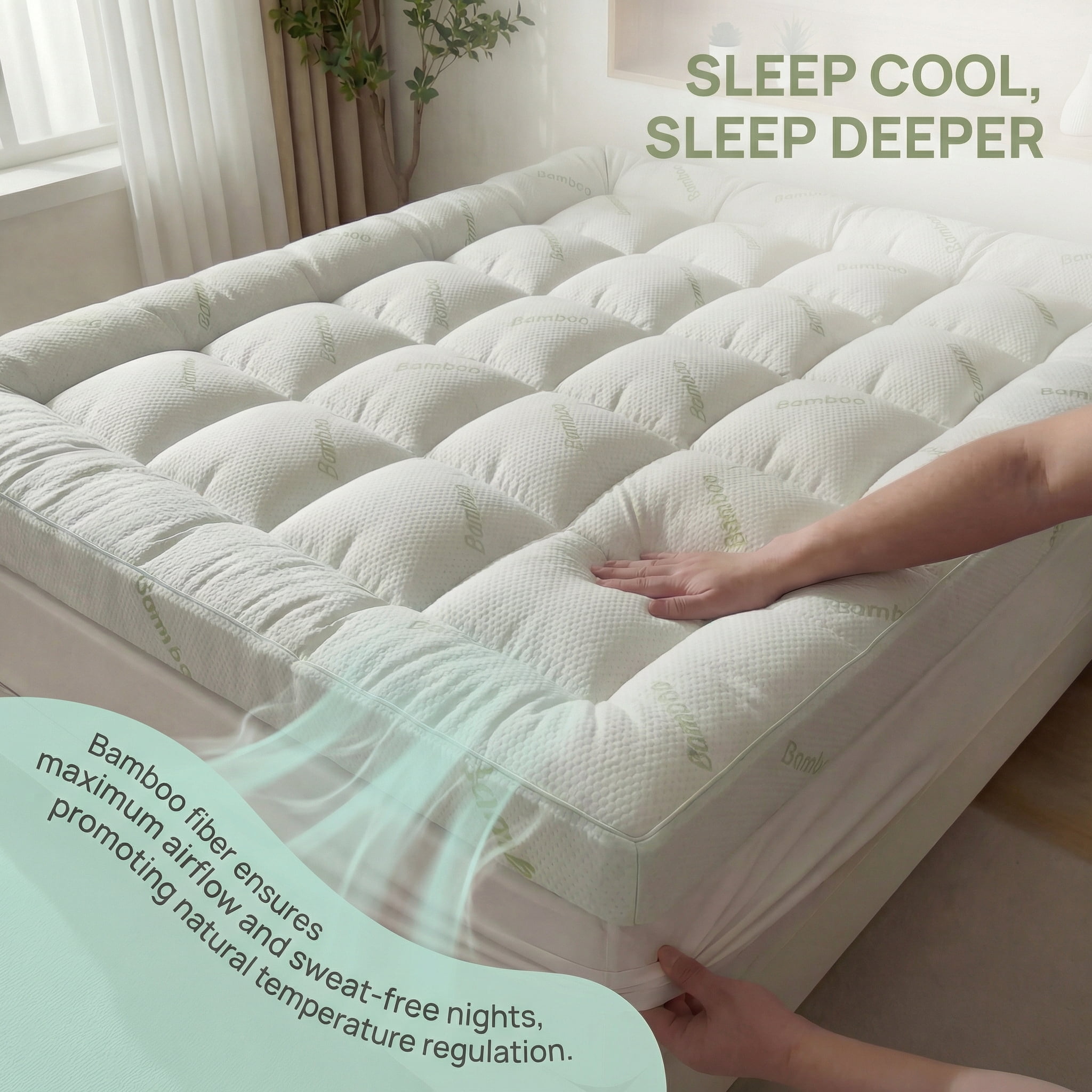 Premium Bamboo Mattress Topper, Ultra Soft Cooling Mattress Pad, Breathable Pillow Top Mattress Cover with Deep Pocket, Machine Washable