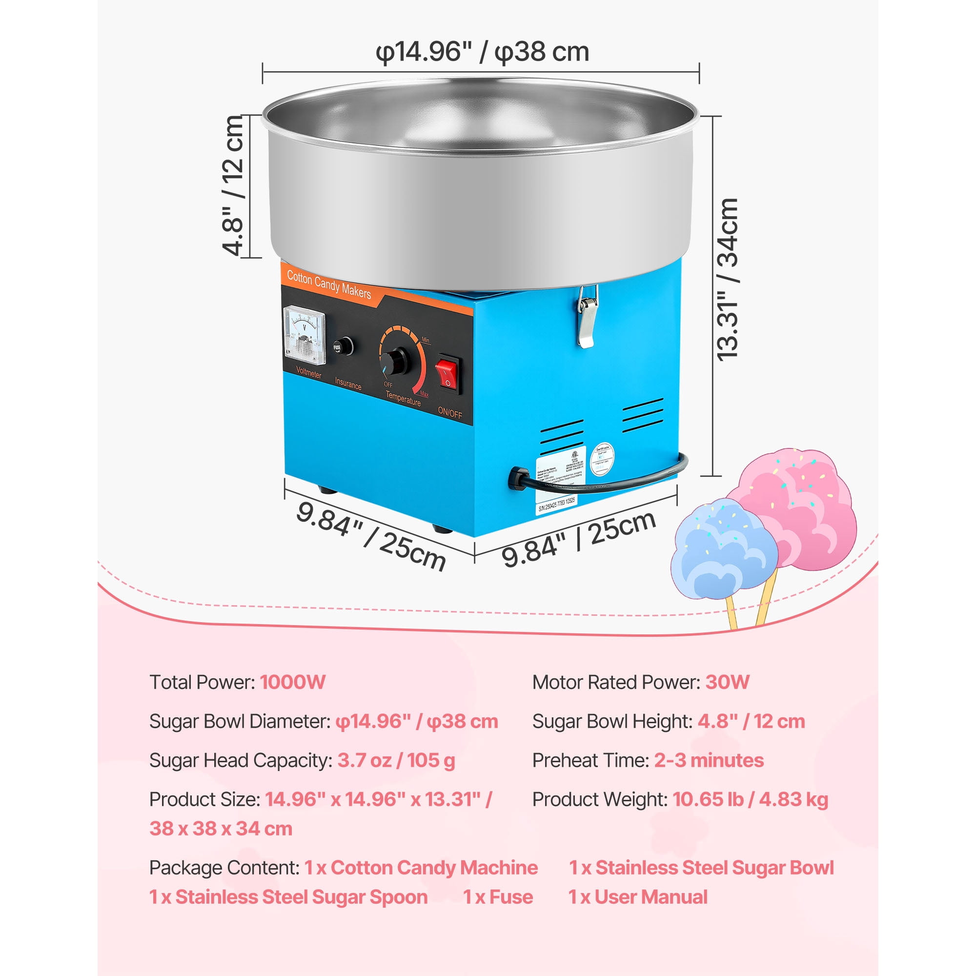 KFFKFF Commercial Cotton Candy Machine, 1000W Electric Floss Maker with 15-Inch Stainless Steel Bowl and Sugar Scoop, Ideal for Hard Candy Creations at Home, Kids' Birthdays, and Family Gatherings