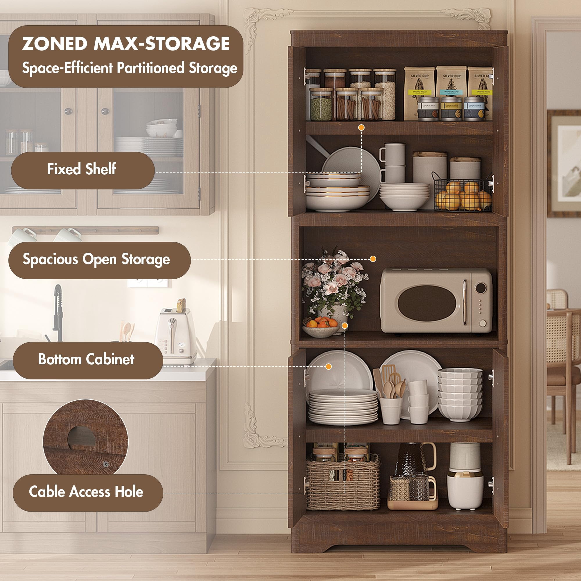 Kitchen Pantry Cabinet, 72" Tall Storage Cabinet with Countertop, Freestanding Wooden Hutch Cupboard with Carved Door & Crystal Handle, for Dining Room, Living Room