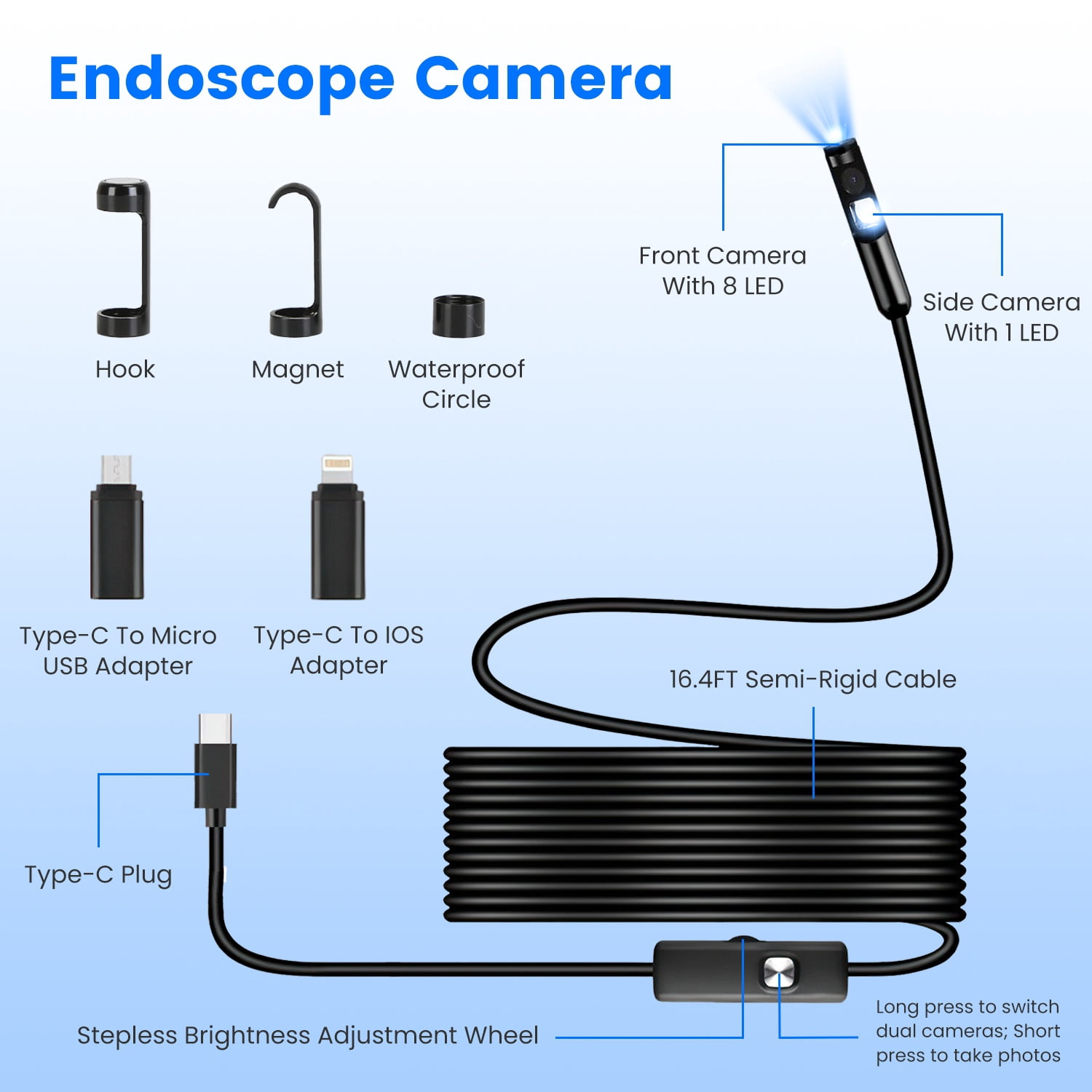 (*YYL-Design*)--Endoscope Camera 1920P HD IP67 Waterproof Inspection Borescope Tool With Light And 8 & 1 Dual Lens 16.4ft Semi Rigid Snake Cable Stepless Brightness APP Control For IOS And Android.;[