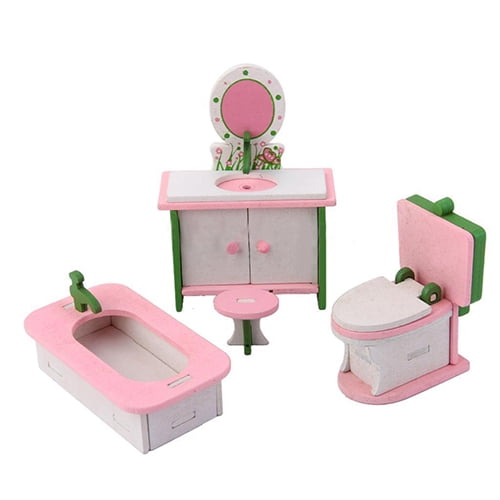 D GROEE Colorful Wooden Doll House Furniture Wood Miniature Bathroom Living Room Dining Room Bedroom Kitchen House Furniture Dollhouse Doll