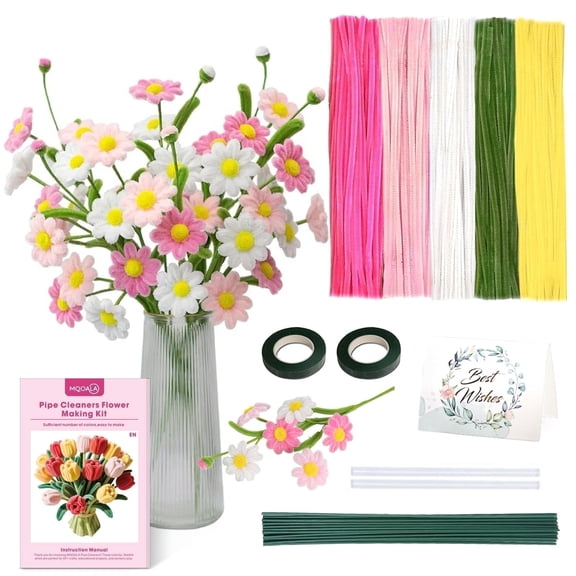 MQUPIN 300 Piece Pipe Cleaner Flower Set With Instruction, Chenille Wire Pipe Cleaner Flower Set, Craft And Decorate Dust Sheet For Flower Bouquet Diy Decorations Macaron Color