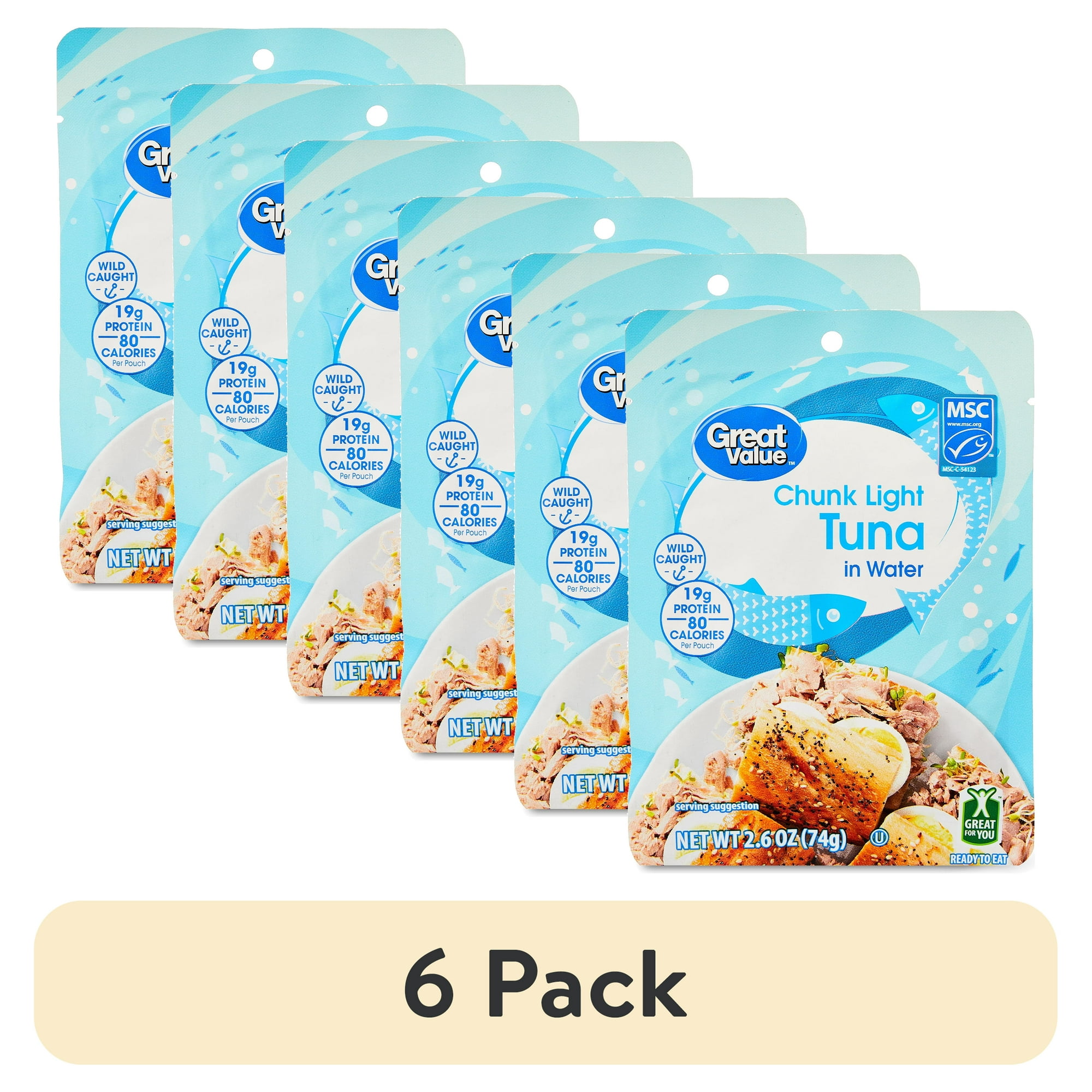 (6 pack) Great Value Chunk Light Tuna in Water, 2.6 oz Pouch