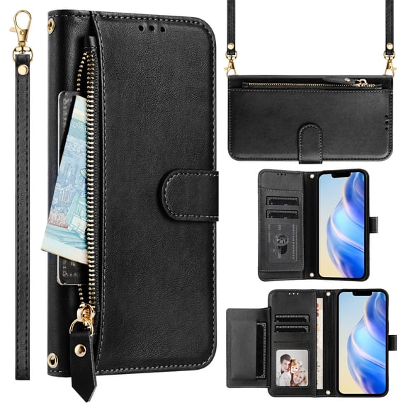 Multi-Functional Wallet Case for iPhone 14, Card Slots Retro PU Leather Shockproof Flip Cover with Card Slots Zipper Pocket Kickstand Magnetic Wrist Strap & Shoulder Strap - Black