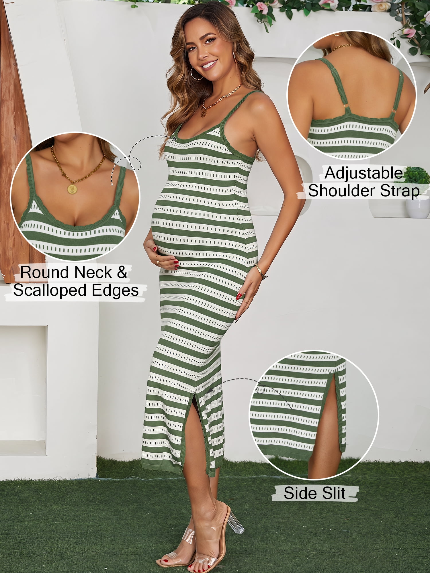 DARING DIVA Women's Maternity Sleeveless Bodycon Knit Striped Midi Dress S Green