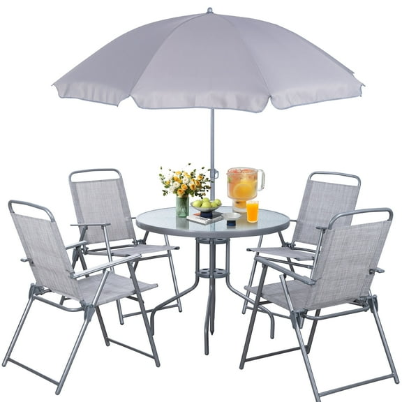 Walsunny 6 Piece Patio Furniture Set with Umbrella, Outdoor Patio Dining Set with 4 Folding Chairs and Tempered Glass Dining Table, Silver