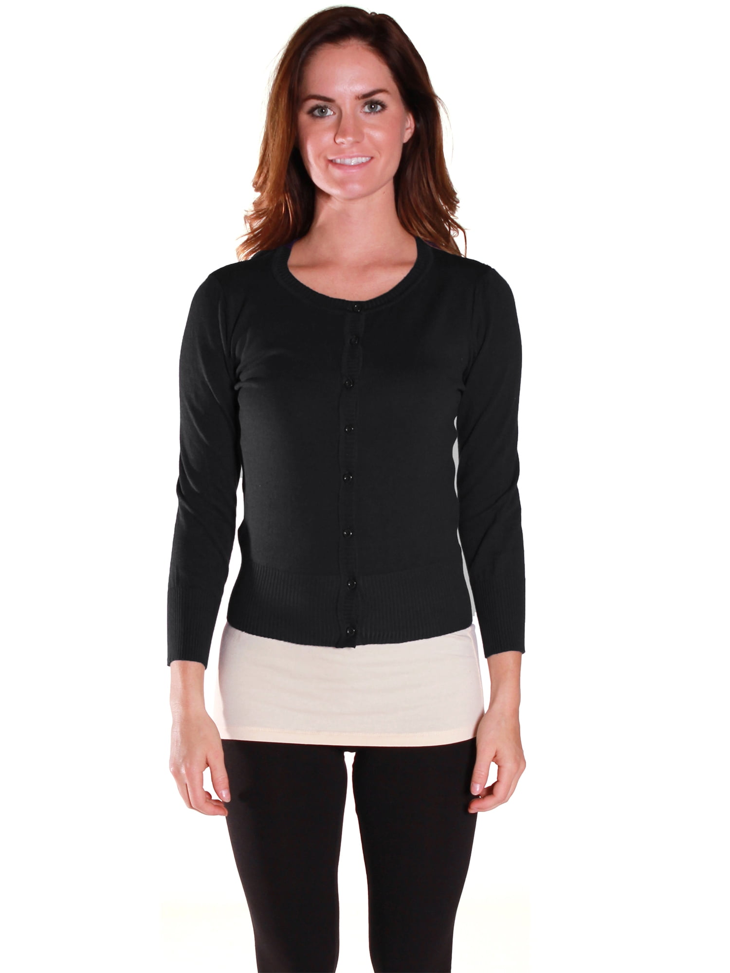 Active USA Junior Women's Knit Basic Round Neck Cardigan Sweater - Junior and Plus Sizes 