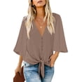 thumbnail image 1 of luvamia Women's Casual V Neck Tops 3/4 Sleeve Tie Knot Blouses for Work Size S Pecan Brown, 1 of 4
