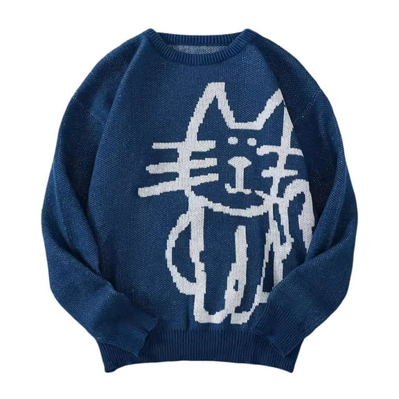 KKBOTIVE Cute Cat Graphic Sweaters Coat for Mens Casual Long Sleeve Crew Neck Pullover Sweater Men's Fashion Outerwear ( Dark Blue Size: M )