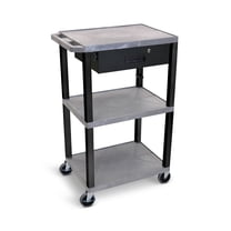 Luxor Tuffy 42" H Three-Shelf Multi-Purpose Utility Cart with Locking Drawer and Electric, 24" W x 18" D, Gray Shelves/Black Legs