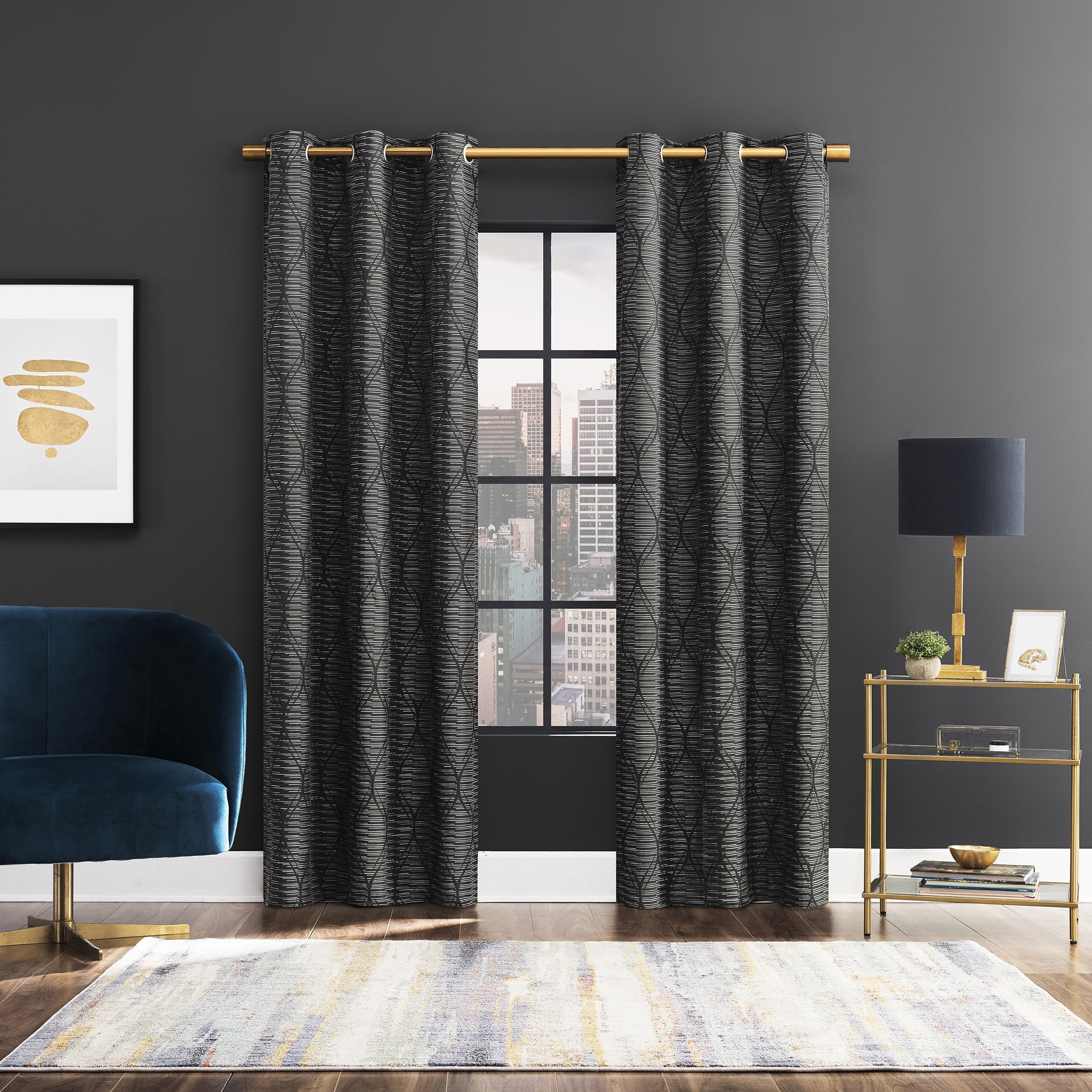 Sun Zero Alaster Geometric Ogee 100% Blackout Grommet Curtain Panel, 40"x84", Black