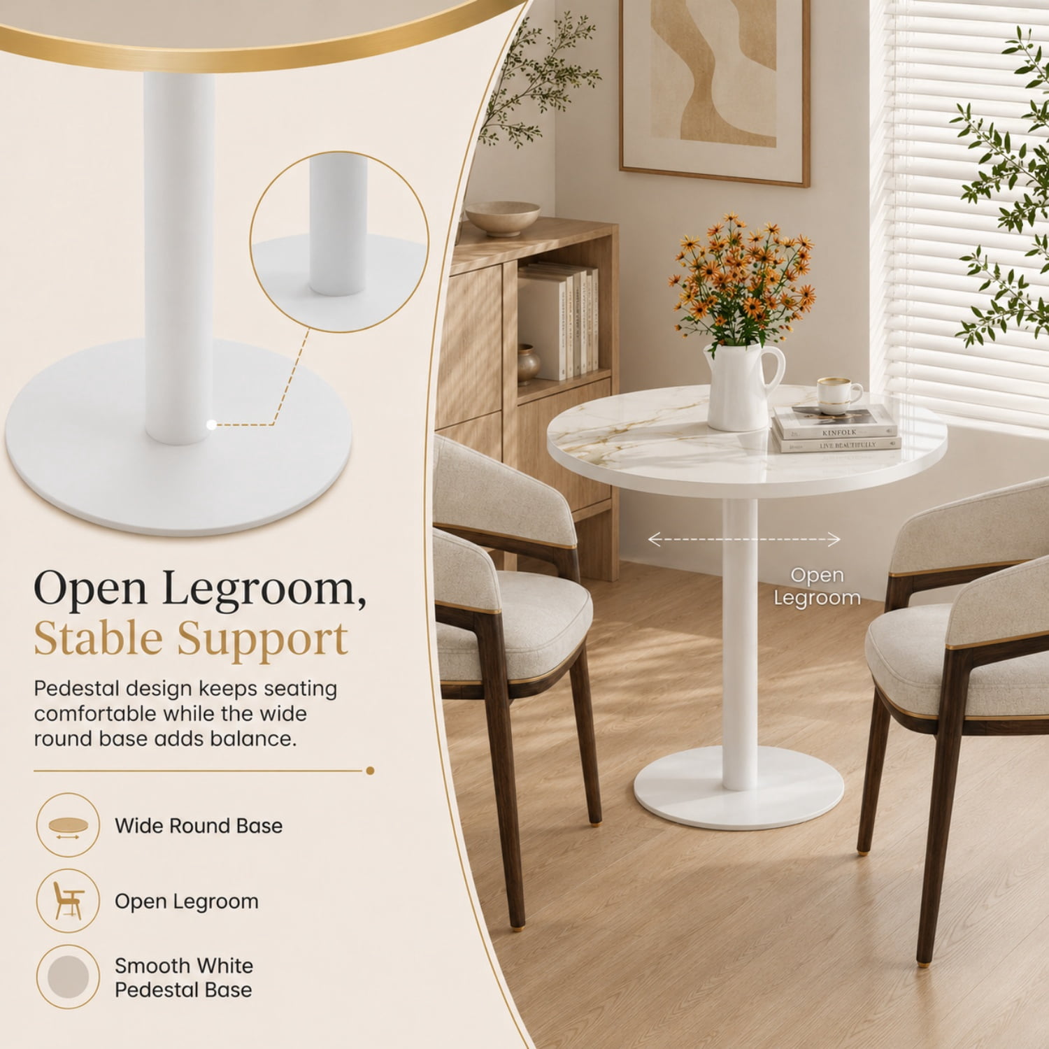 Miniyam 31.5 in. Round Tulip Dining Table for 2-4, Glossy Stone-Look Pedestal Table for Kitchen or Small Spaces, White