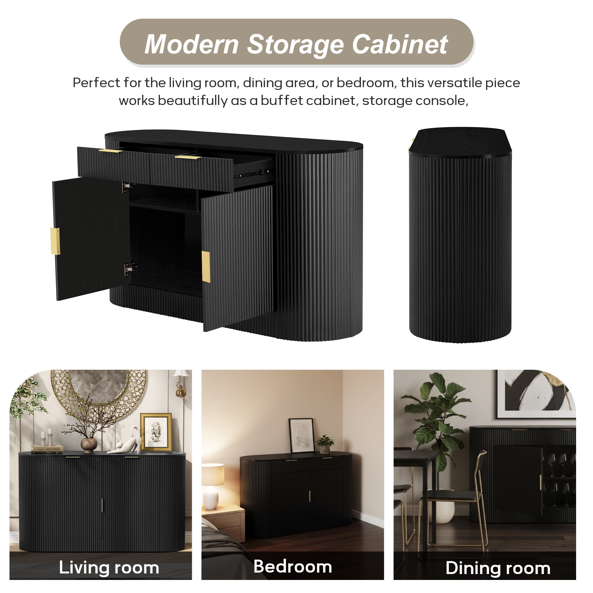 Euroco Modern Buffet Cabinet with Storage, 55.1" Large Sideboard with 2 Drawers,Curved Side Door & 3-Tier Shelves, Wood Coffee Bar Cabinets for Kitchen Living Room,Black