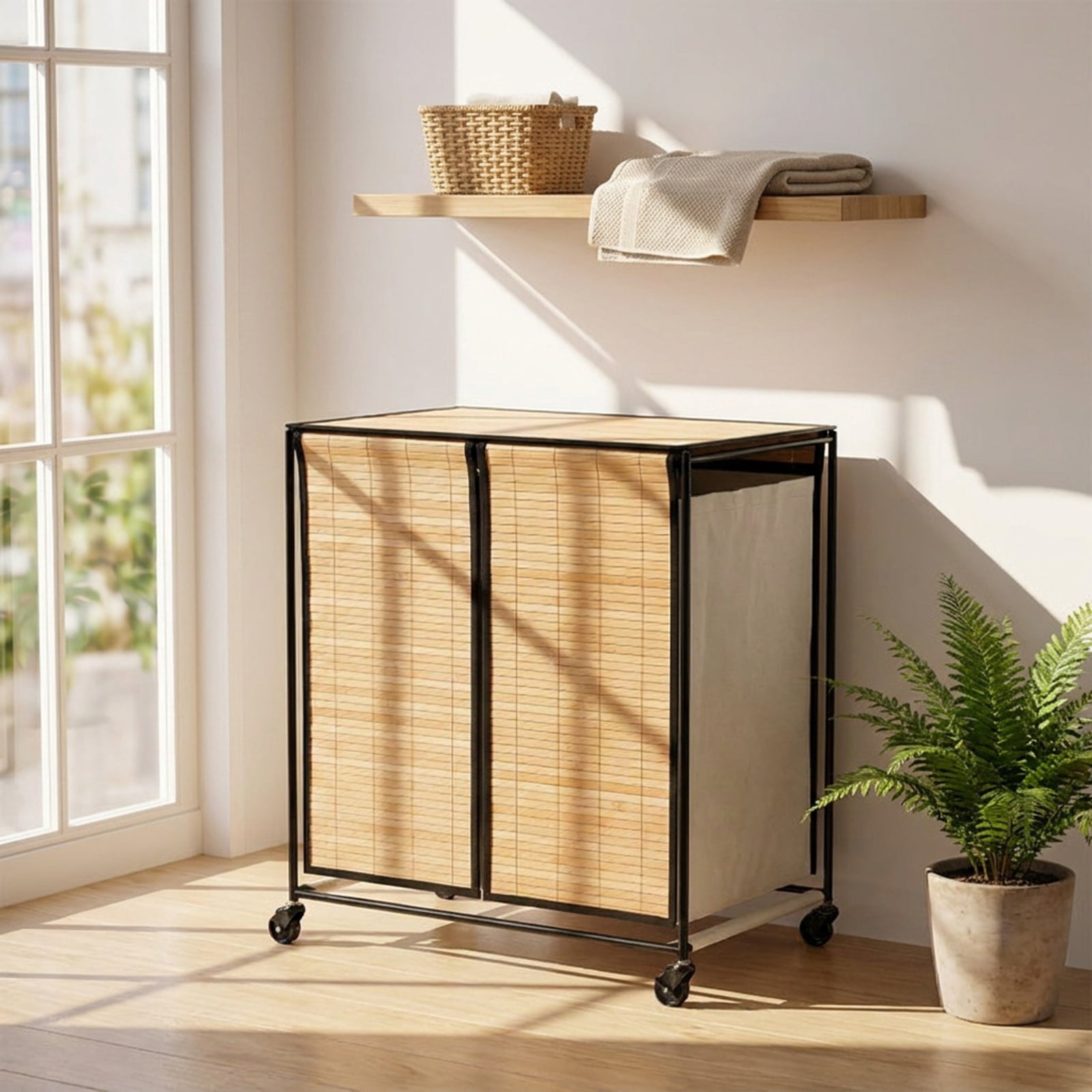 Vebreda 18.5-Gallon 2-Section Laundry Hamper with Lid & 2 Lockable Wheels, Rolling Clothes Hamper & Laundry Sorter with Removable Liner Bags for Bathroom & Bedroom