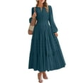 thumbnail image 2 of MaFYtyTPR Casual Dresses for Women Fashion Ladies Solid Color Long Sleeve V-Neck Elastic Waist Pleated Maxi Dress A-Blue M, 2 of 6