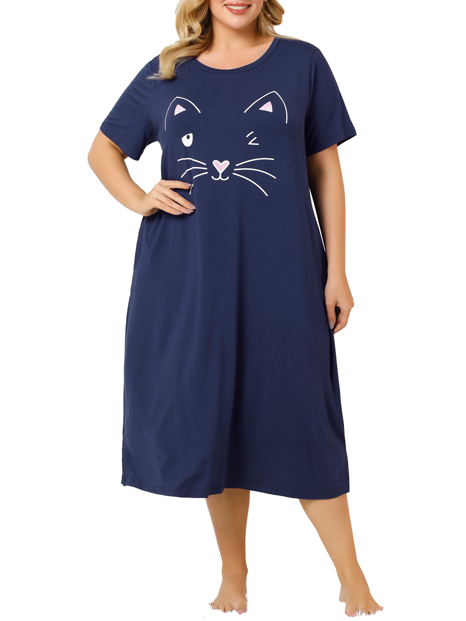 Unique Bargains Women's Plus Nightgown Short Sleeve Cat Print Nightshirt