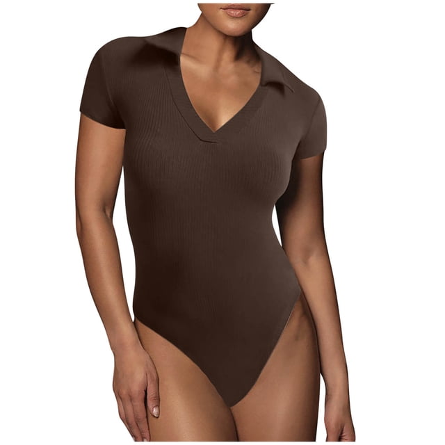 Mrat V Neck Bodysuits for Women Short Sleeve Body Suits Basic Lapel Tops Casual Rompers S-56 Coffee L