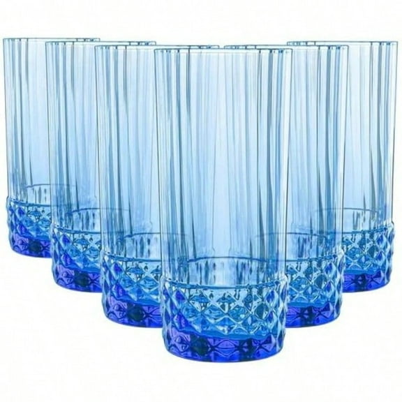 America '20s Set Of 6 Cooler Glasses 16.5 Oz. Colored Crystal Glass Sapphire Blue Made in Italy.