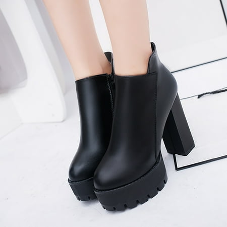 

FITORON Ankle Boots for Women- High Heel Low Side Zipper Boots Waterproof Platform Round Toe Thick Heel Leather Boots Black 38