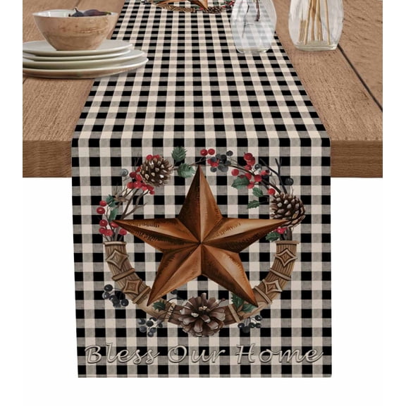 Farmhouse Table Runner Dresser Scarf 14 x 72 Inch Country Star Bless This Home Black Buffalo Plaid Table Runners Non-Slip Heat Kitchen Dining Table Decor for Indoor Outdoor Home Party Decoration