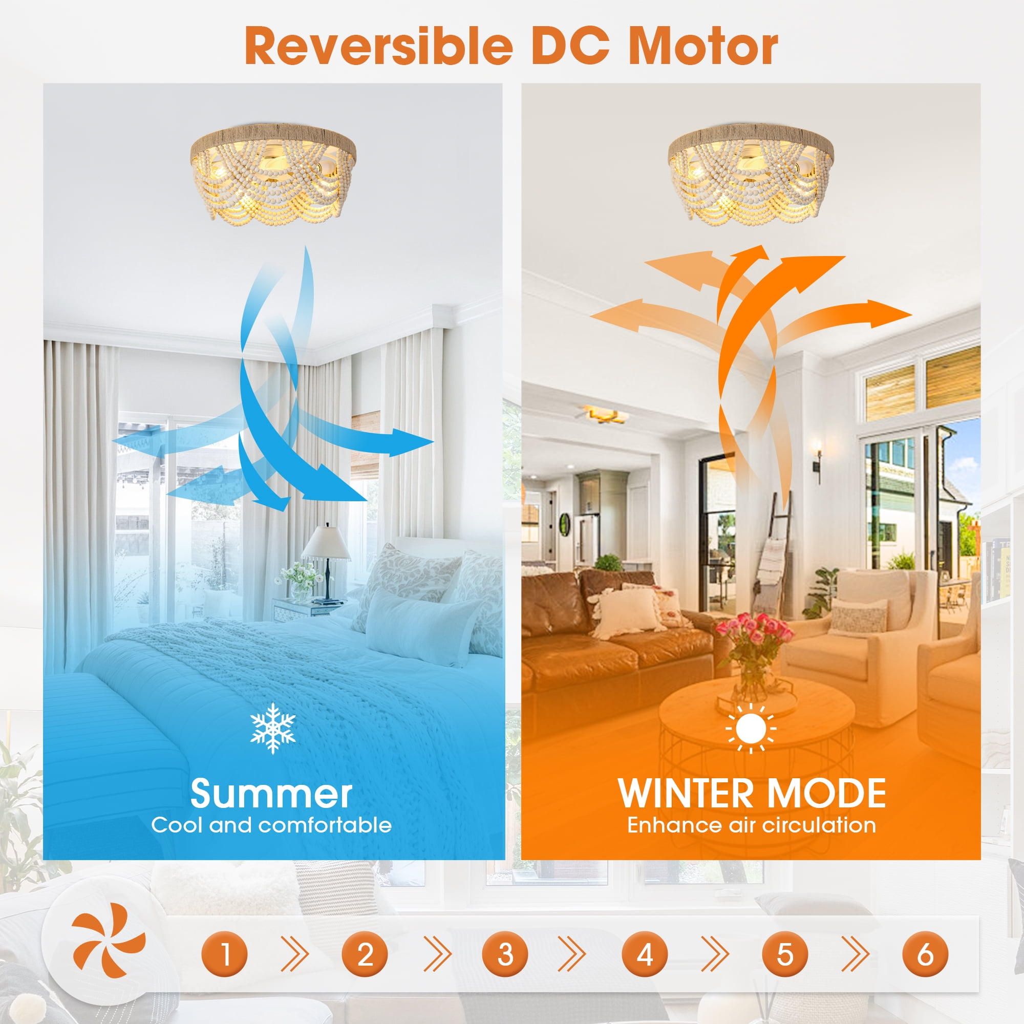 Parrot Uncle 20" Smart Beige Wood Beaded 4-Light Flush Mount Smart Ceiling Fan with Remote and Light Kit, Bedroom Ceiling Fan