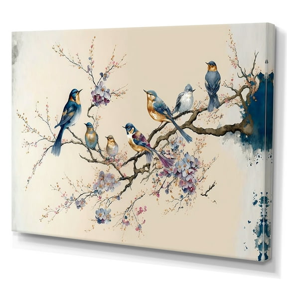 Designart Multicolor Birds On Plum Blossoms Tree XI Canvas Wall Art
