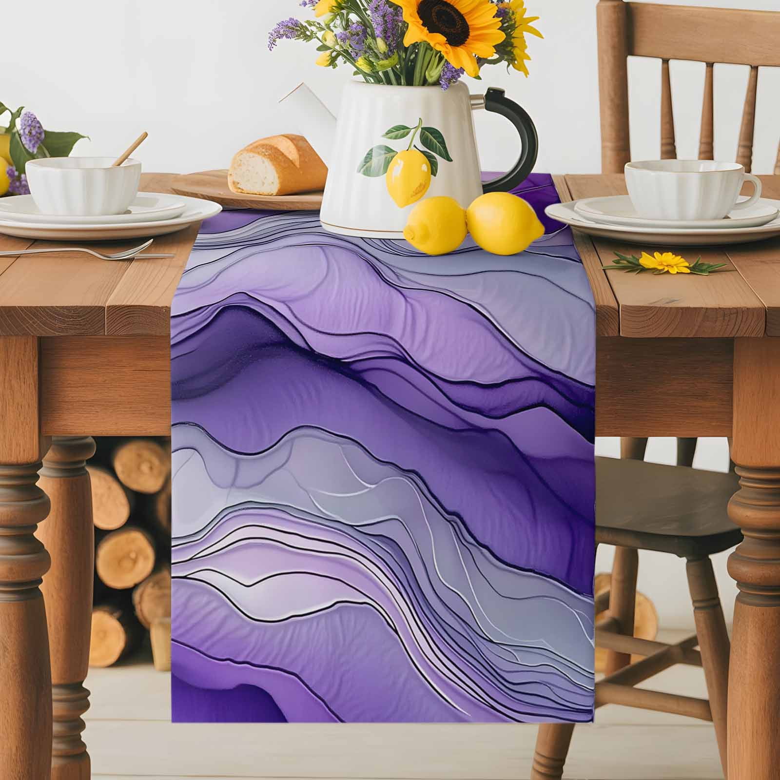 Abstract Art Purple Gray Wave Table Runner 90 Inches Long, Vintage Marble Texture Table Runners Tabletop Scarf Kitchen Dining Tables Decoration for Home Party Indoor Outdoor